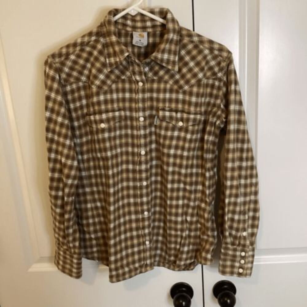 Ladies Carhartt pearl snap flannel shirt western medium